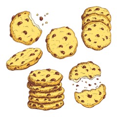 Sketch colorful sketch cookies set illustration, draft silhouette drawing, isolated on white background. Delicious vintage etching food design.