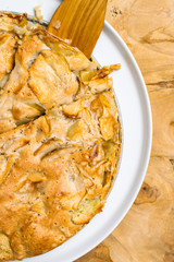 Homemade Apple Pie Dessert Ready to Eat. Fresh baked delicious classic cake, rustic style on white plate, copy space