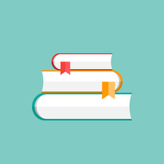  Books in flat style on blue background. Concept of online education, preparation for exams, study, back to school.