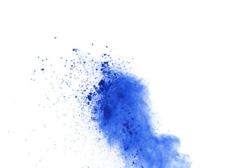 Blue powder explosion on white background. Colored cloud. Color dust ex