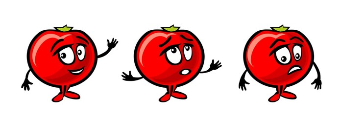 Tomato cartoon smiles, surprised and sad and waves his hand