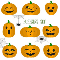 Set of halloween pumpkins, funny faces in cartoon style. Spiders and cobwebs. Autumn holidays. Vector illustration EPS10.