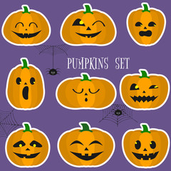 A set of Halloween pumpkins, funny faces in a cartoon style in a white stroke sticker. Spiders and cobwebs. Autumn vacation. Vector illustration EPS10.