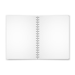 Mock up blank open notebook with metal spiral template isolated on white background. Realistic vector illustration.