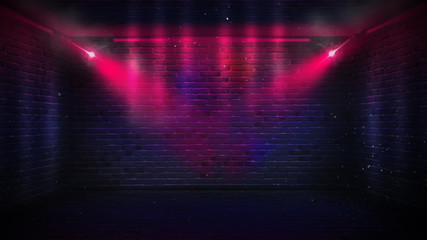 Background of an empty corridor with brick walls and neon light. Brick walls, neon rays and glow