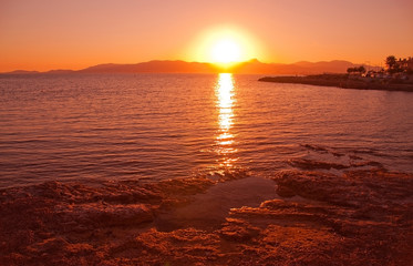 Beautiful romantic red summer sunset over Palma bay in Mallorca, Spain