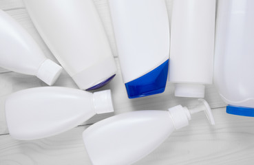 Plastic bottles after cosmetics and food. Recycle waste management concept.