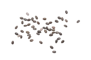 Close up of small group of chia seeds spread out and isolated on white background