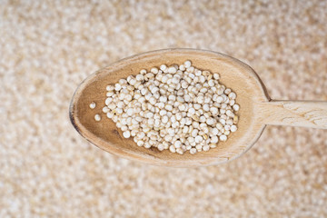Quinoa seeds on wooden spoon seen from above over a blurred background quinoa seed