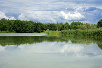 A beautiful image of landscape from the center of the river, surrounded by trees and reeds on the shore and distant horizon against the blue sky in clouds. Reflection, water, tourist destination