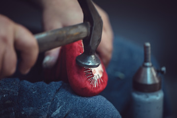 Shoemaker workshop for making shows artisan handmade manufacturing leather shoes. Shoe manufacture business for traditional vintage shoe making, craft boots in traditional style