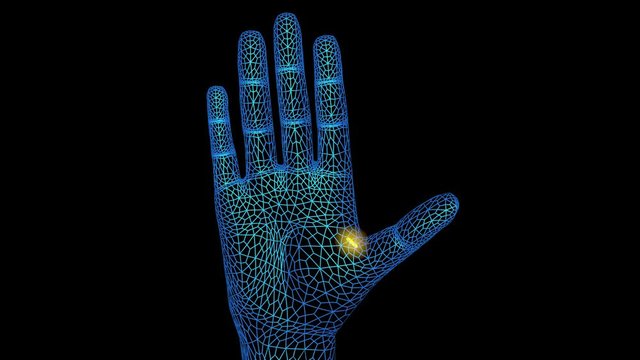 Glowing Implant inside hand . Wireless signal effect.  3d animation. Seamless looping animation