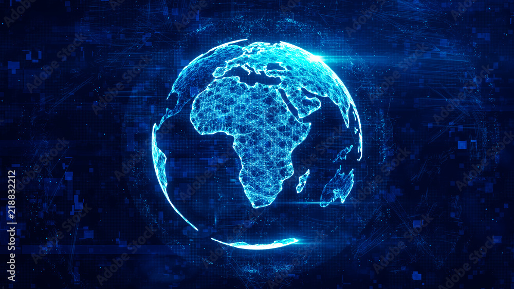 Poster digital globe made of plexus bright glowing lines. detailed virtual planet earth. technology structu