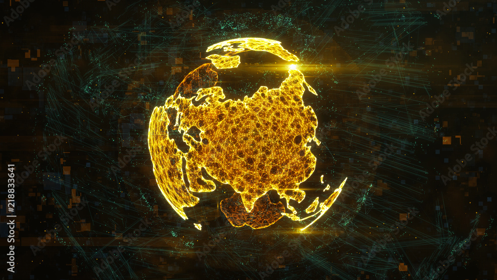 Poster digital globe made of plexus bright glowing lines. detailed virtual planet earth. technology structu