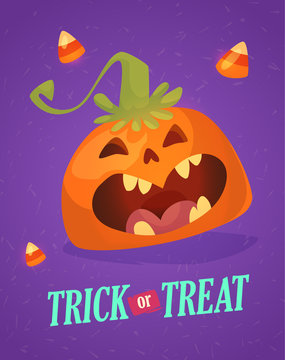 Happy halloween greeting card with cute pumpkin. Trick or treat holiday cartoon.