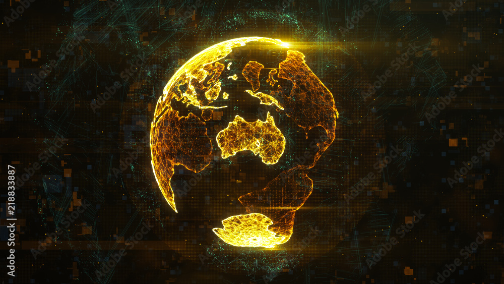 Poster digital globe made of plexus bright glowing lines. detailed virtual planet earth. technology structu