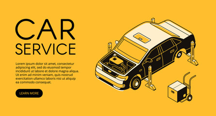 Car service vector illustration of automobile garage station. Automotive mechanic diagnostic and engine or chassis repair in isometric black thin line design on yellow halftone background