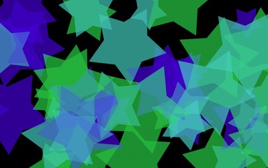 Multicolored translucent stars on a dark background. Green tones. 3D illustration