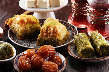 Middle eastern or arabic dishes. Turkish Dessert Baklava with pistachio