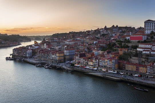 Aerial view of the Ribeira Neighborhood and the Douro River with Rabelo Boats, in the city of Porto, Portugal © Tiago Fernandez
