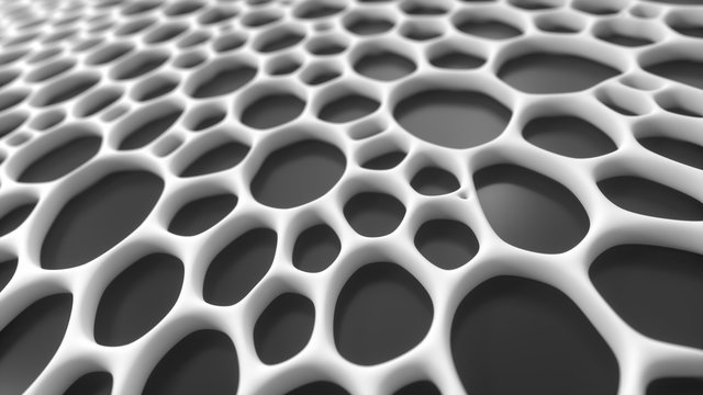 Abstract organic voronoi structure with depth of field effect. Blurred background with many cells on dark surface. Chaotic smooth line structure. 3d rendering