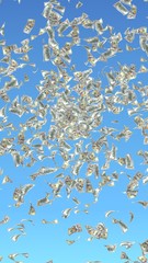 Flying dollars banknotes against the sky background. Money is flying in the air. 100 US banknotes new sample. 3D illustration