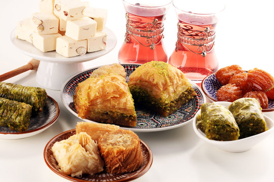 Middle eastern or arabic dishes. Turkish Dessert Baklava with pistachio