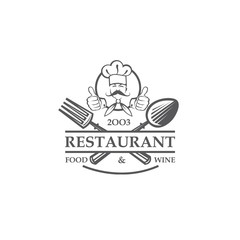 black restaurant label with chef, crossed spoon and fork isolated on white background
