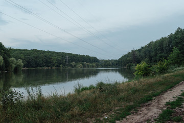 Wooden pier, platform. Trees on a lake shore in the evening. Forest lake. Vegetation by the lake. Sunset on the pond. Water resources of the planet, ecology.