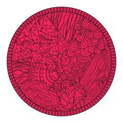 Zendala on white. Hand drawn circle mandala with abstract patterns on isolated background. Design for spiritual relaxation for adults. Print for banners, t-shirts and flyers. Web icon. Zentangle