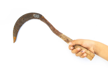 Hand holding a sickle isolated on white background