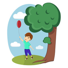 A boy is playing with a balloon on the street. Image, vector, illustration, template