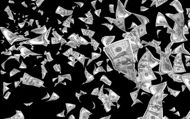 Flying dollars banknotes isolated on dark background. Money is flying in the air. 100 US banknotes new sample. Black and white style. 3D illustration