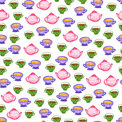 Teatime - tea pot, teacup. Repeating tea pattern. Watercolor. Seamless.