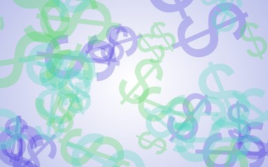 Multicolored translucent dollar signs on white background. Green tones. 3D illustration