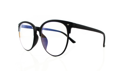 Close up black business glasses isolated on white background