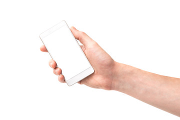 Hand holding white smartphone with isolated white background screen