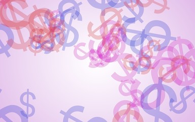 Multicolored translucent dollar signs on white background. Red tones. 3D illustration