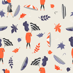 Seamless texture - girls with umbrellas and leaves. Windy day. 