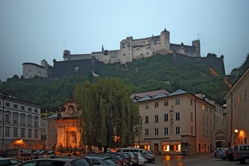 Salzburg Hohensalzburg Fortress outer view at twilight