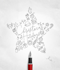 Pen line drawing christmas tree toy star