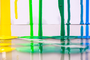 yellow green and blue of screen print colors are dripping in white background