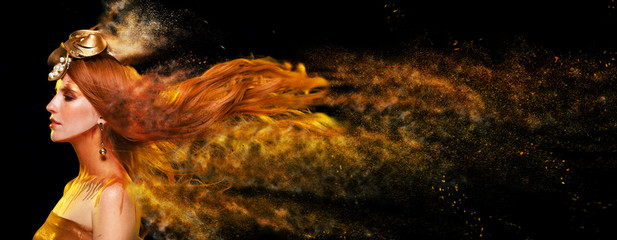 Beauty Fashion model girl with Golden Makeup, Gold skin make up, hair and jewellery on black...