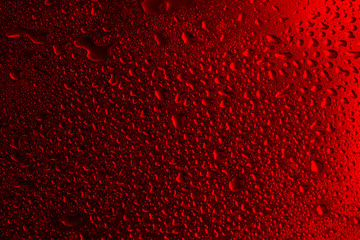 Red background with water droplets close-up. Horizontal photo