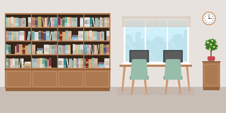 Modern library empty interior with bookcase, table, chairs and computers. Vector illustration.
