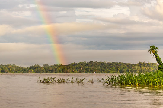 A Rainbow On A Cloudy Morning On The Amazon River, Near Iquitos, Peru