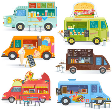 Food truck vector street food-truck vehicle and fastfood delivery transport with hotdog or pizza illustration set of drinks or ice cream in foodtruck isolated on white background