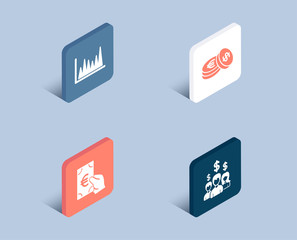 Set of Line graph, Finance and Savings icons. Salary employees sign. Market diagram, Eur cash, Cash coins. People earnings.  3d isometric buttons. Flat design concept. Vector