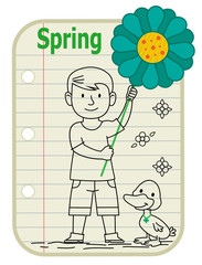 Spring Boy - Line drawing of a boy holding a sign with a flower on it and a duck standing next to him. A notepad as a background with the word Spring at the top. Eps10