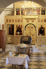 Orthodox church inside ready for baptise ceremony